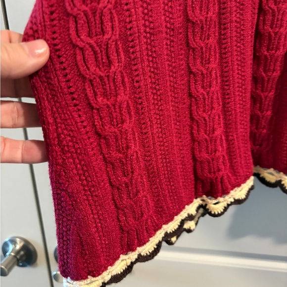 Anne Klein Cable Knit Cardigan Sweater Burgundy Cream Brown Tie Size Large - Picture 14 of 14